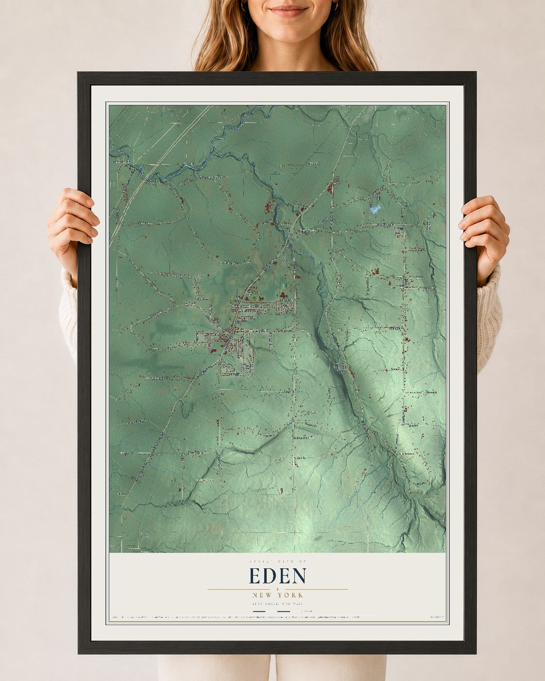 Eden, New York map print, 24" x 36" W/ Black Ayous Wood Frame mockup
