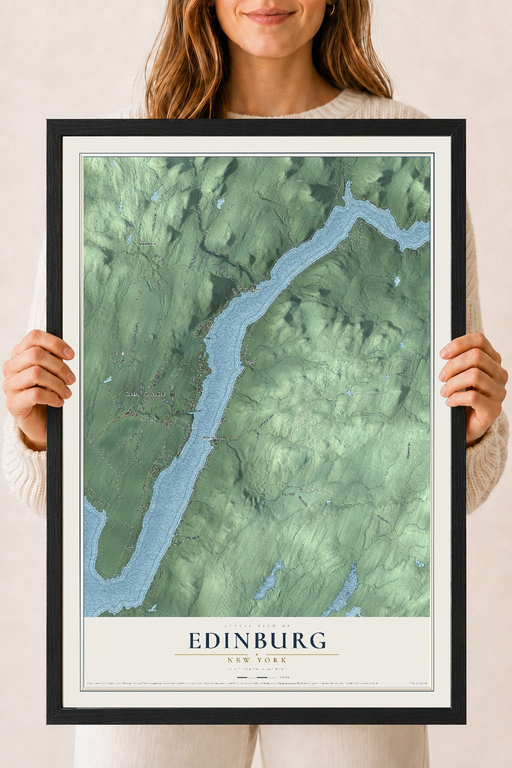 Edinburg, New York map print, 18" x 24" W/ Black Ayous Wood Frame mockup