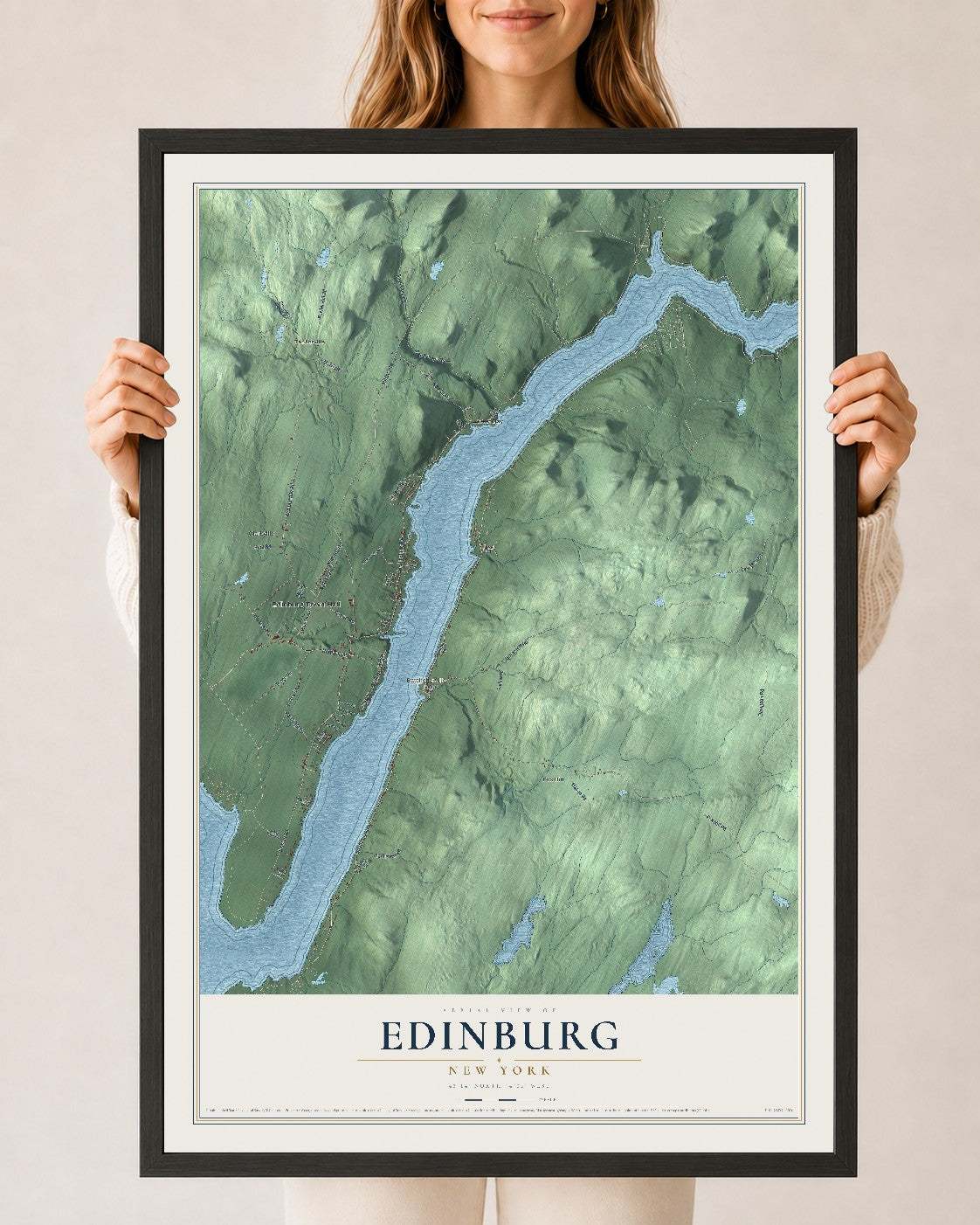 Edinburg, New York map print, 24" x 36" W/ Black Ayous Wood Frame mockup