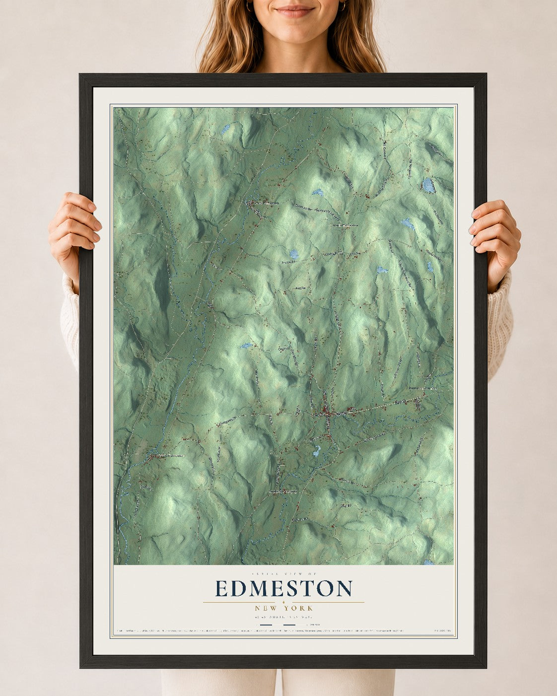 Edmeston, New York map print, 24" x 36" W/ Black Ayous Wood Frame mockup