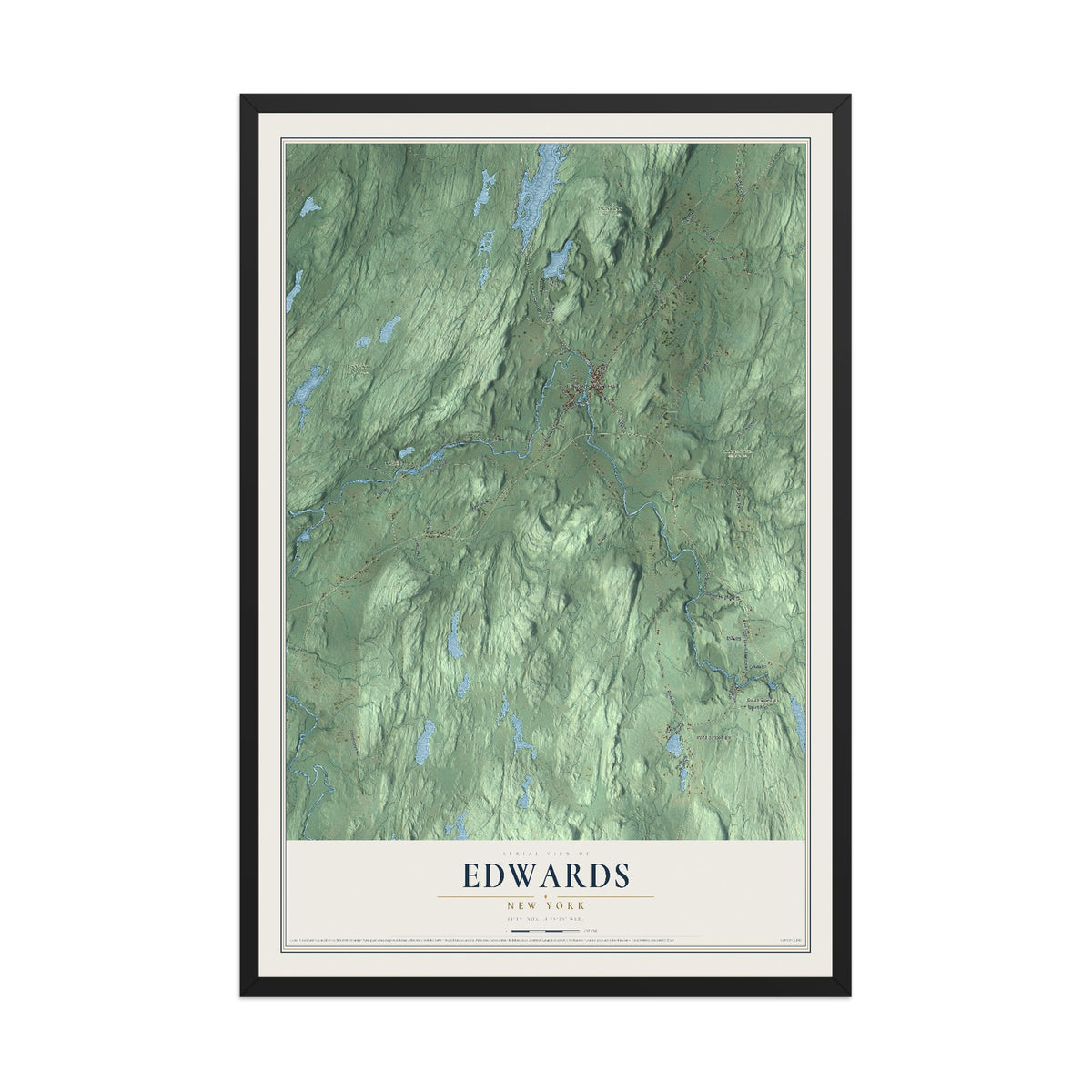 Edwards, New York map print, 12" x 18" W/ Black Ayous Wood Frame mockup