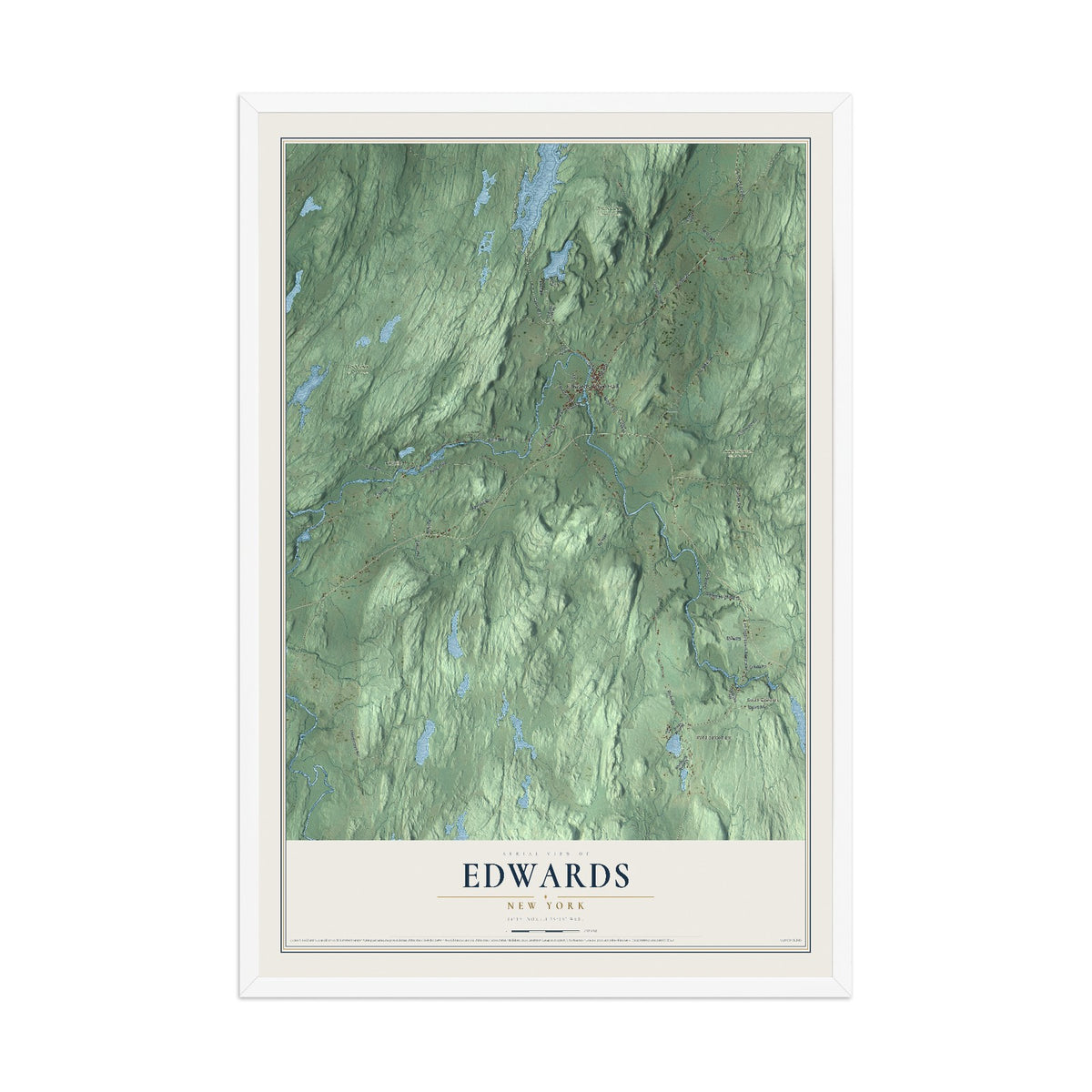 Edwards, New York map print, 12" x 18" W/ White Ayous Wood Frame mockup