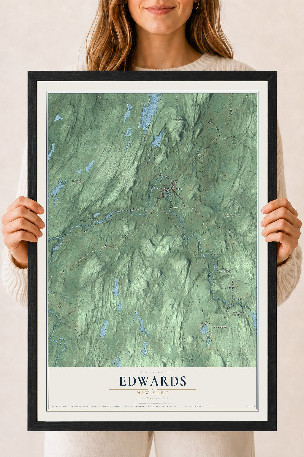 Edwards, New York map print, 18" x 24" W/ Black Ayous Wood Frame mockup