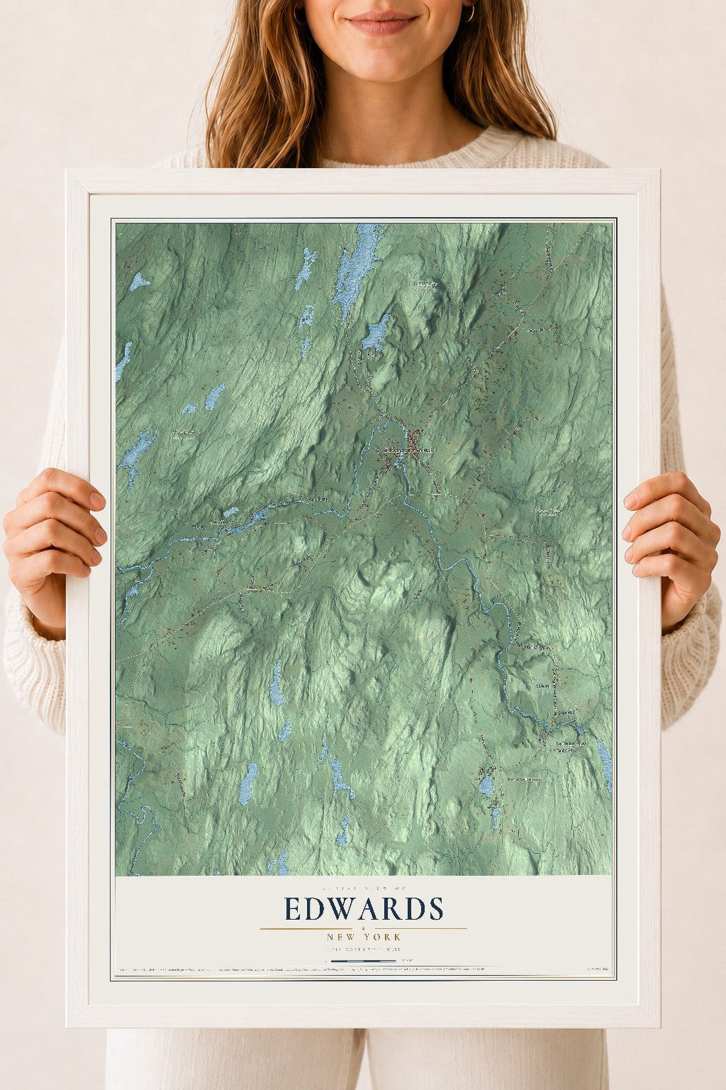 Edwards, New York map print, 18" x 24" W/ White Ayous Wood Frame mockup