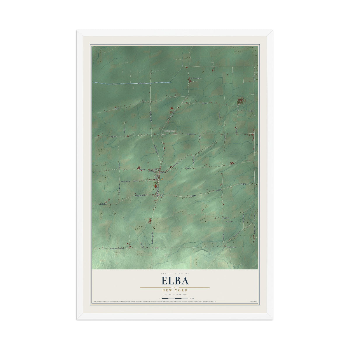 Elba, New York map print, 12" x 18" W/ White Ayous Wood Frame mockup