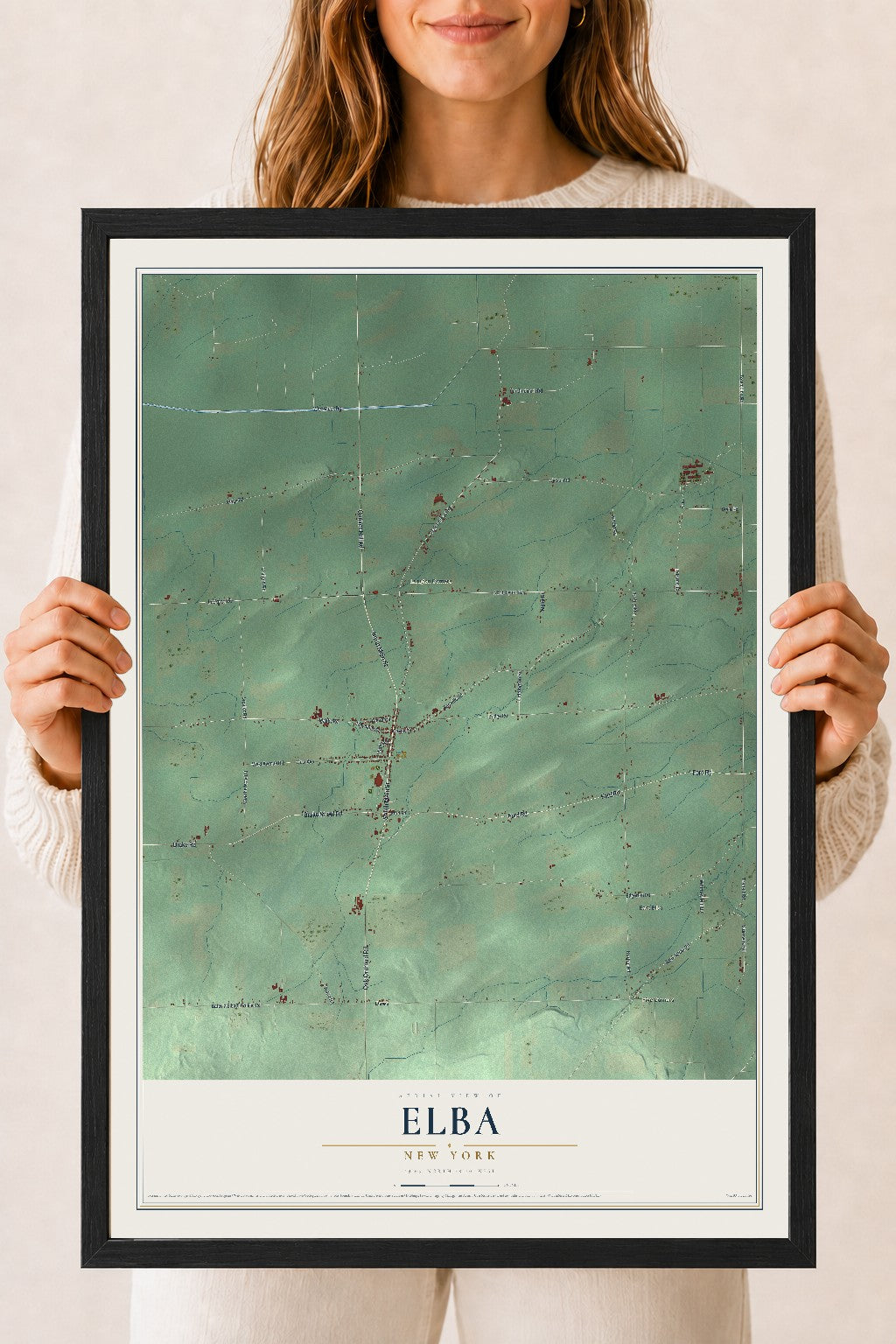 Elba, New York map print, 18" x 24" W/ Black Ayous Wood Frame mockup