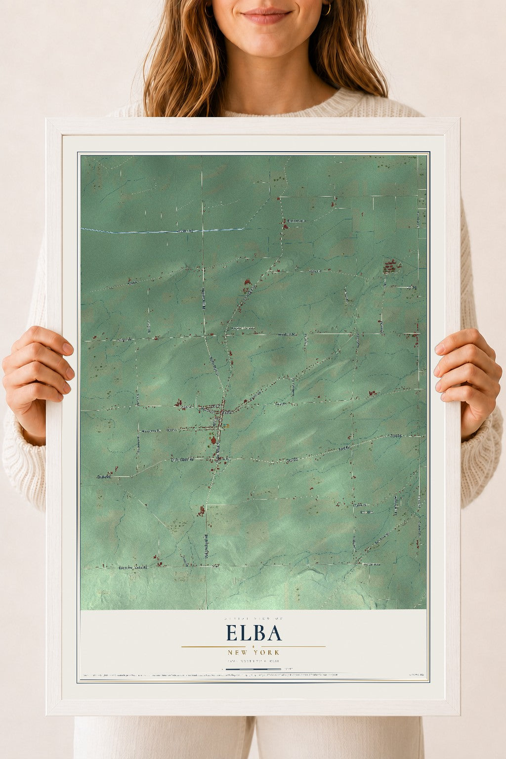 Elba, New York map print, 18" x 24" W/ White Ayous Wood Frame mockup