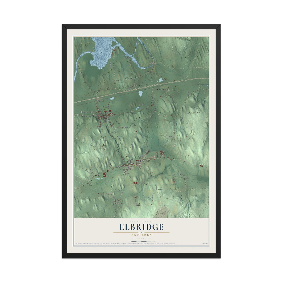 Elbridge, New York map print, 12" x 18" W/ Black Ayous Wood Frame mockup