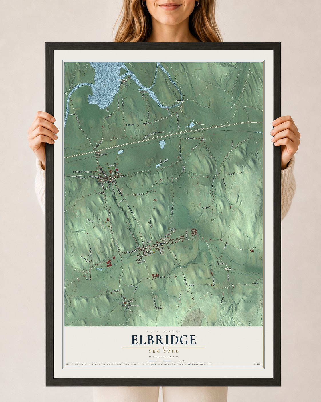 Elbridge, New York map print, 24" x 36" W/ Black Ayous Wood Frame mockup
