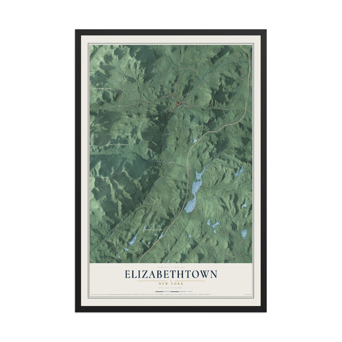 Elizabethtown, New York map print, 12" x 18" W/ Black Ayous Wood Frame mockup