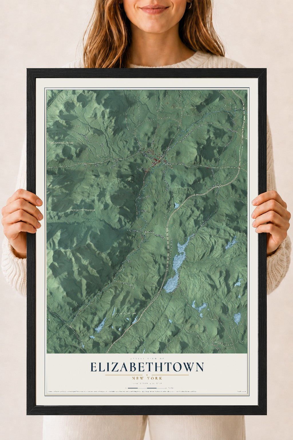 Elizabethtown, New York map print, 18" x 24" W/ Black Ayous Wood Frame mockup