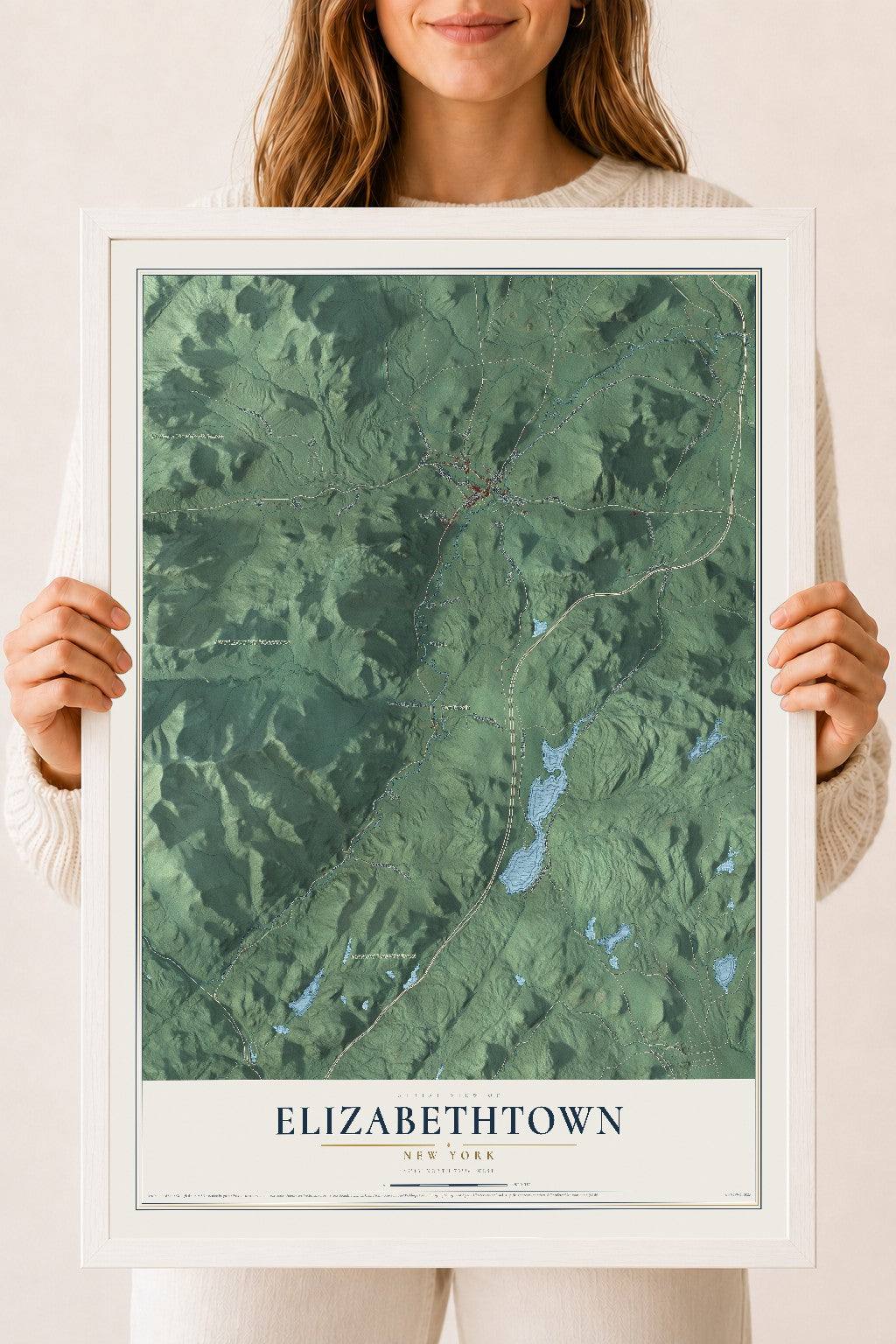 Elizabethtown, New York map print, 18" x 24" W/ White Ayous Wood Frame mockup
