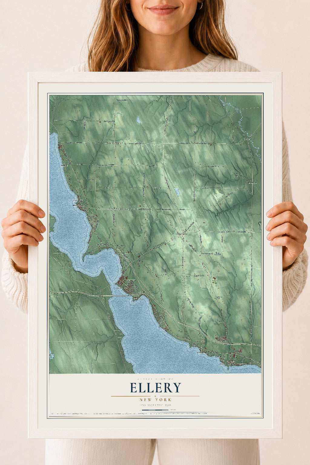 Ellery, New York map print, 18" x 24" W/ White Ayous Wood Frame mockup
