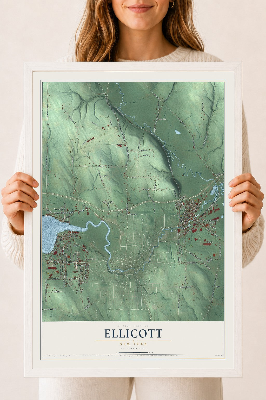 Ellicott, New York map print, 18" x 24" W/ White Ayous Wood Frame mockup