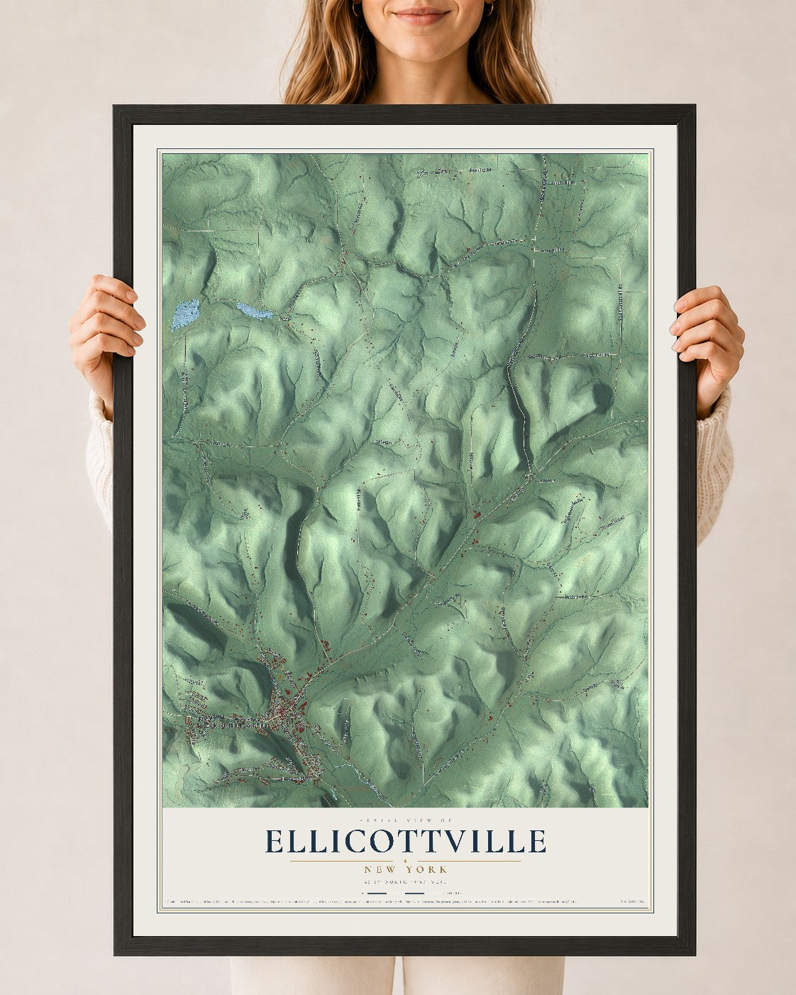 Ellicottville, New York map print, 24" x 36" W/ Black Ayous Wood Frame mockup