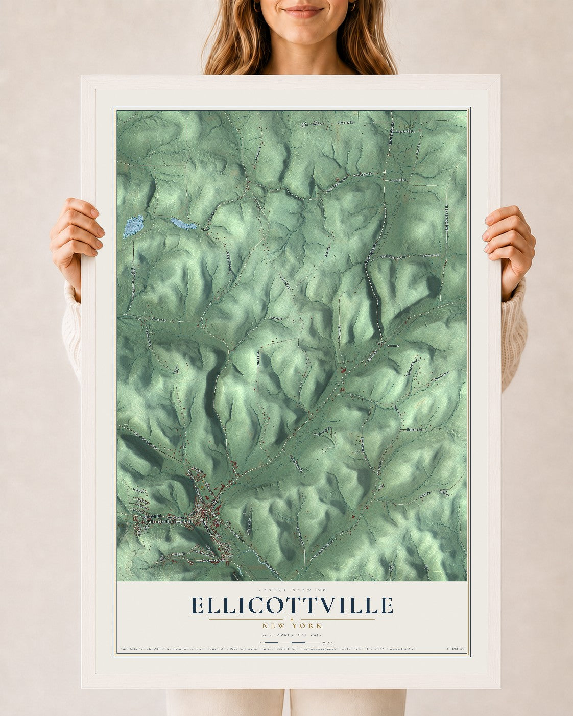 Ellicottville, New York map print, 24" x 36" W/ White Ayous Wood Frame mockup