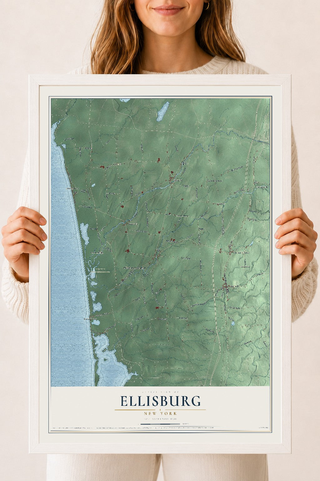Ellisburg, New York map print, 18" x 24" W/ White Ayous Wood Frame mockup