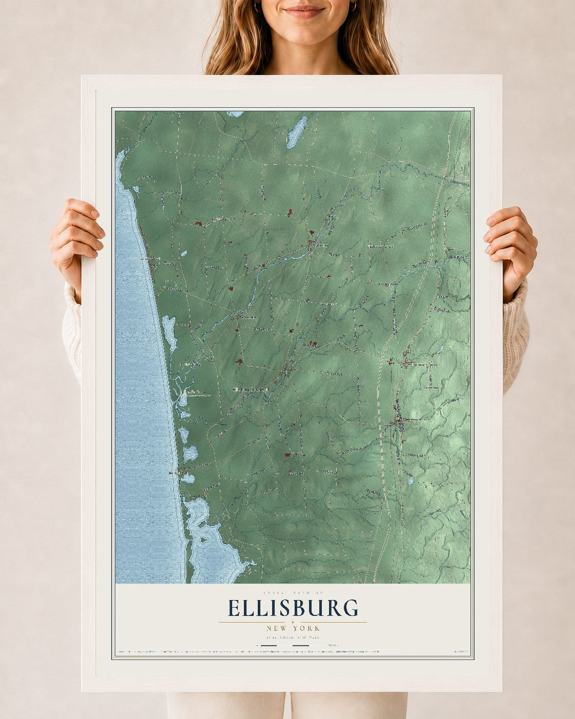 Ellisburg, New York map print, 24" x 36" W/ White Ayous Wood Frame mockup