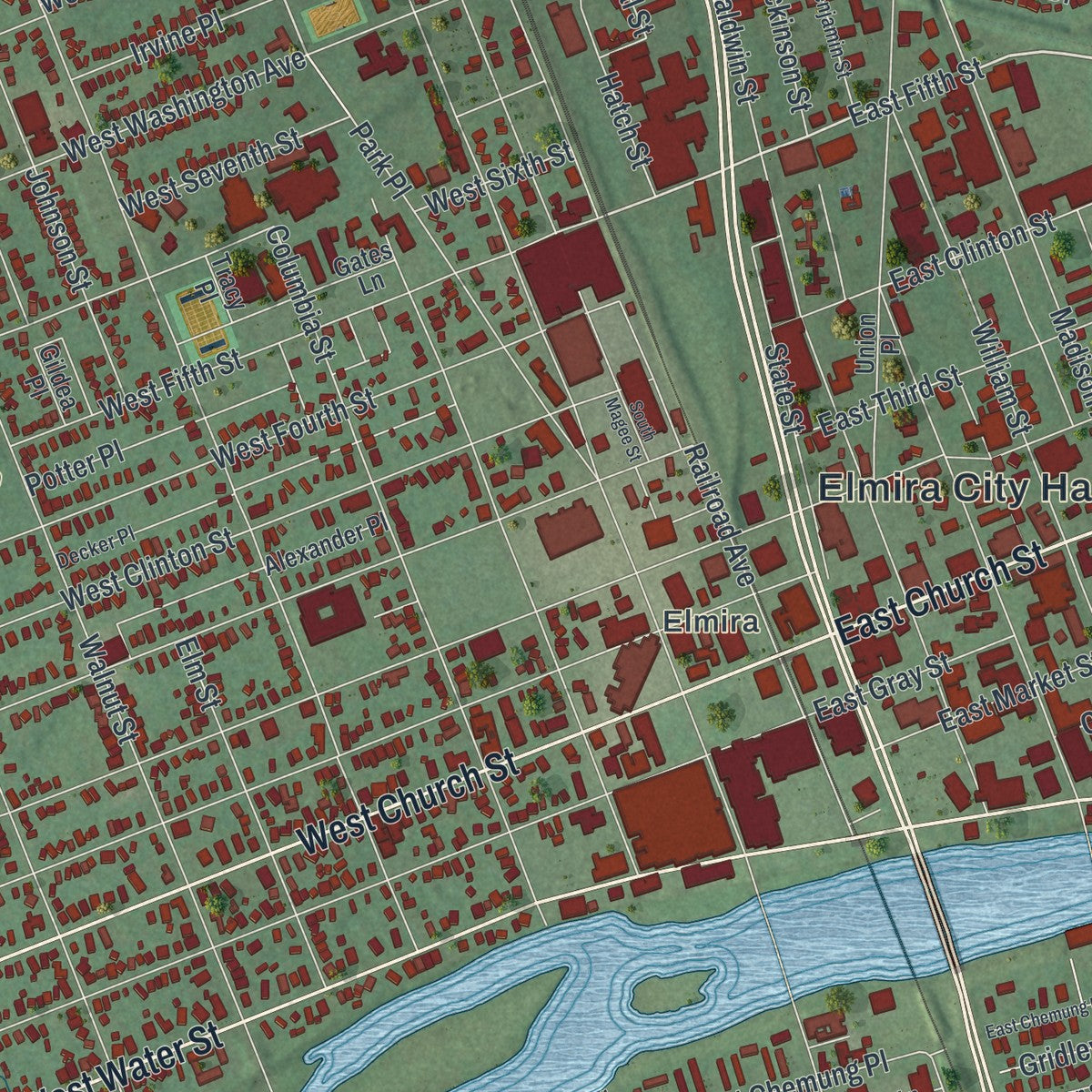 Close-up 1 of the Elmira City (Chemung County), New York map artwork
