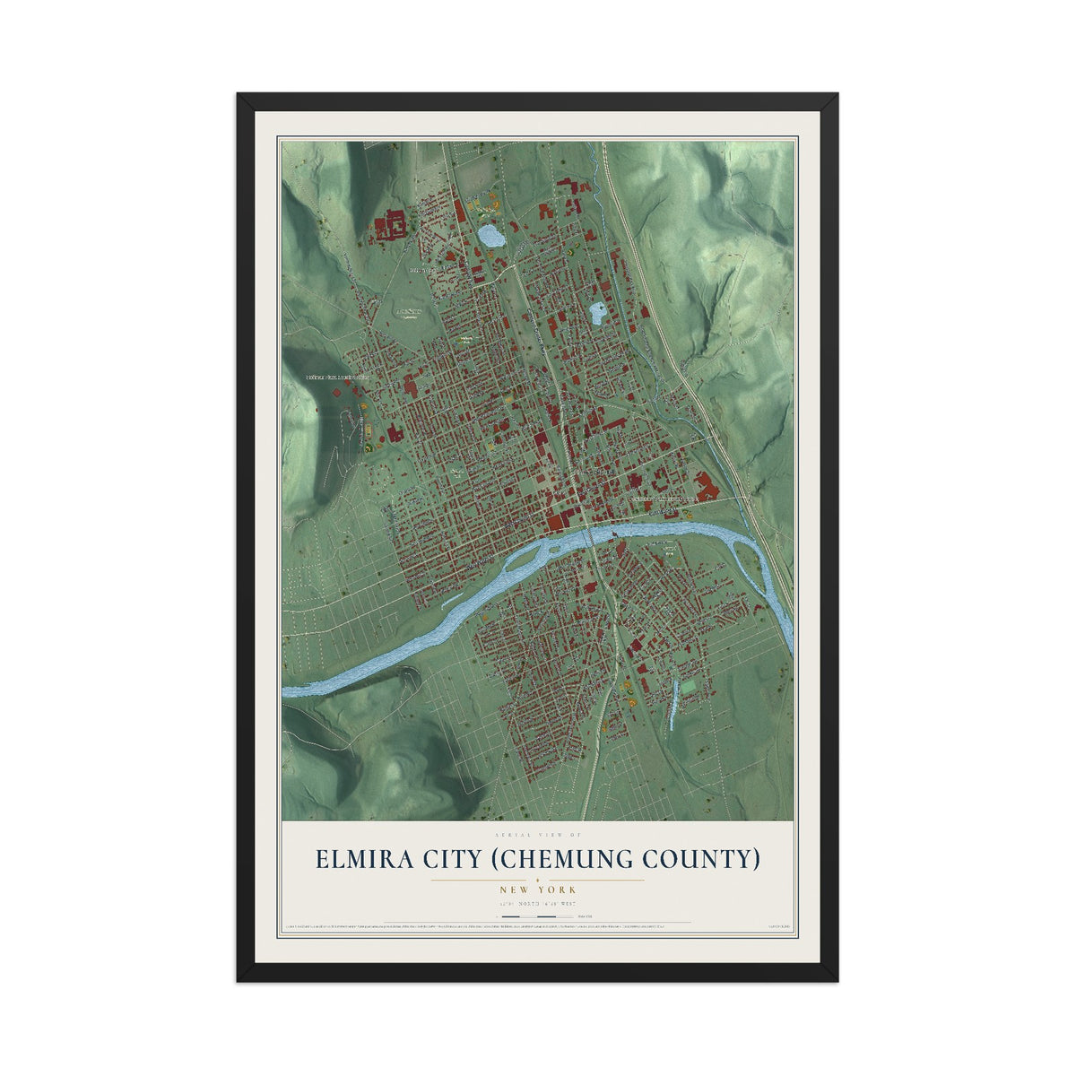 Elmira City (Chemung County), New York map print, 12" x 18" W/ Black Ayous Wood Frame mockup