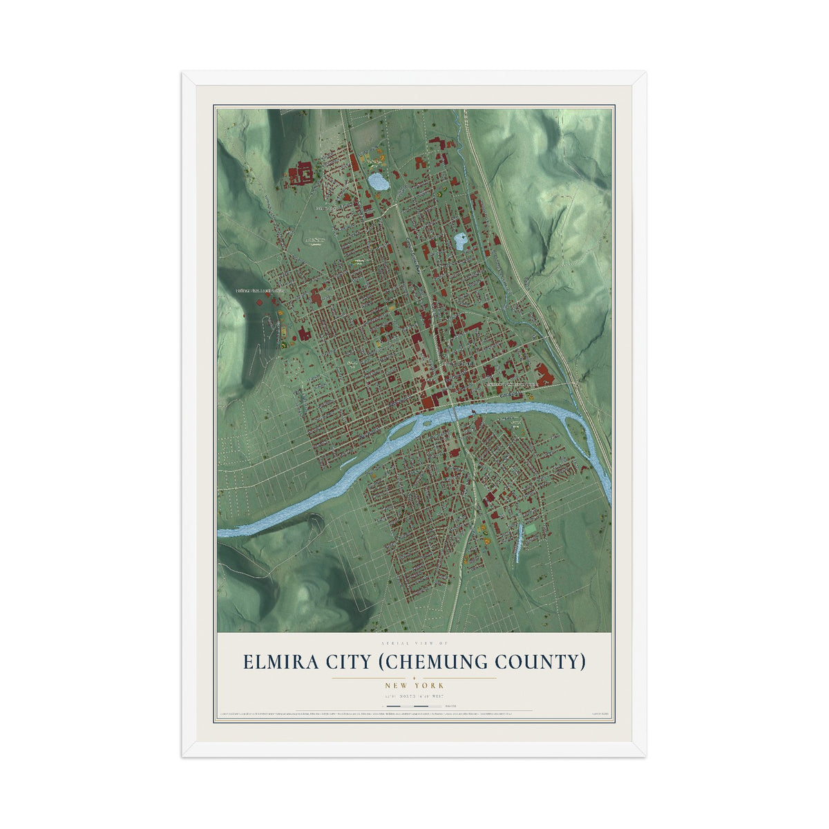Elmira City (Chemung County), New York map print, 12" x 18" W/ White Ayous Wood Frame mockup