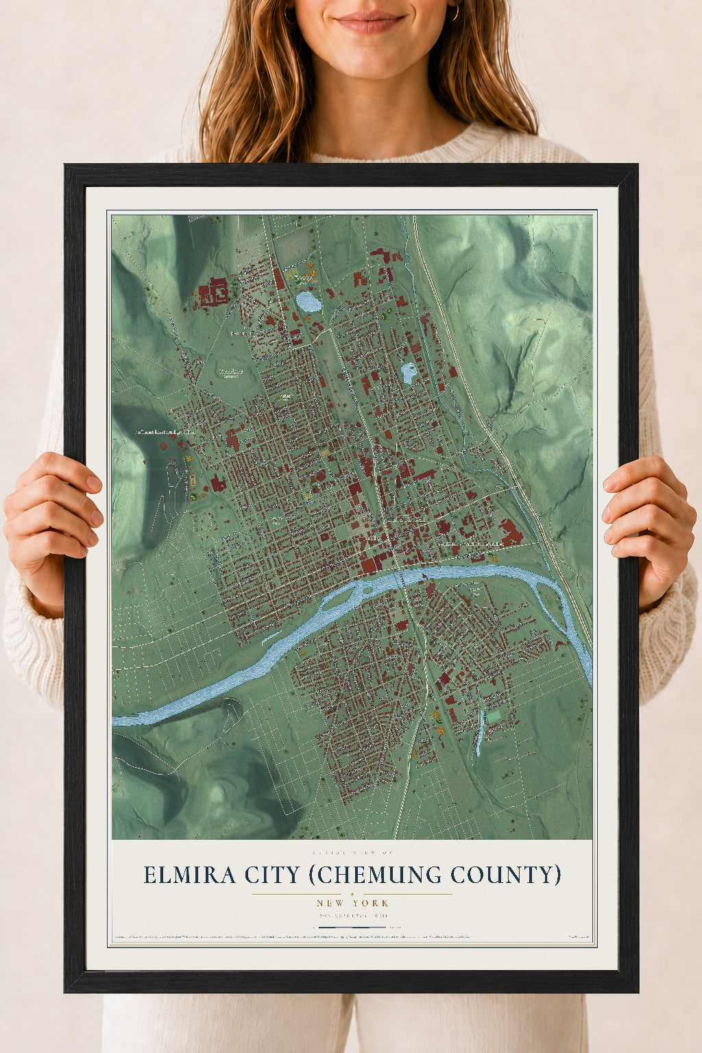 Elmira City (Chemung County), New York map print, 18" x 24" W/ Black Ayous Wood Frame mockup
