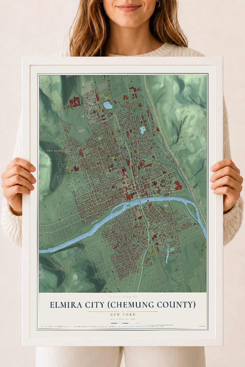 Elmira City (Chemung County), New York map print, 18" x 24" W/ White Ayous Wood Frame mockup
