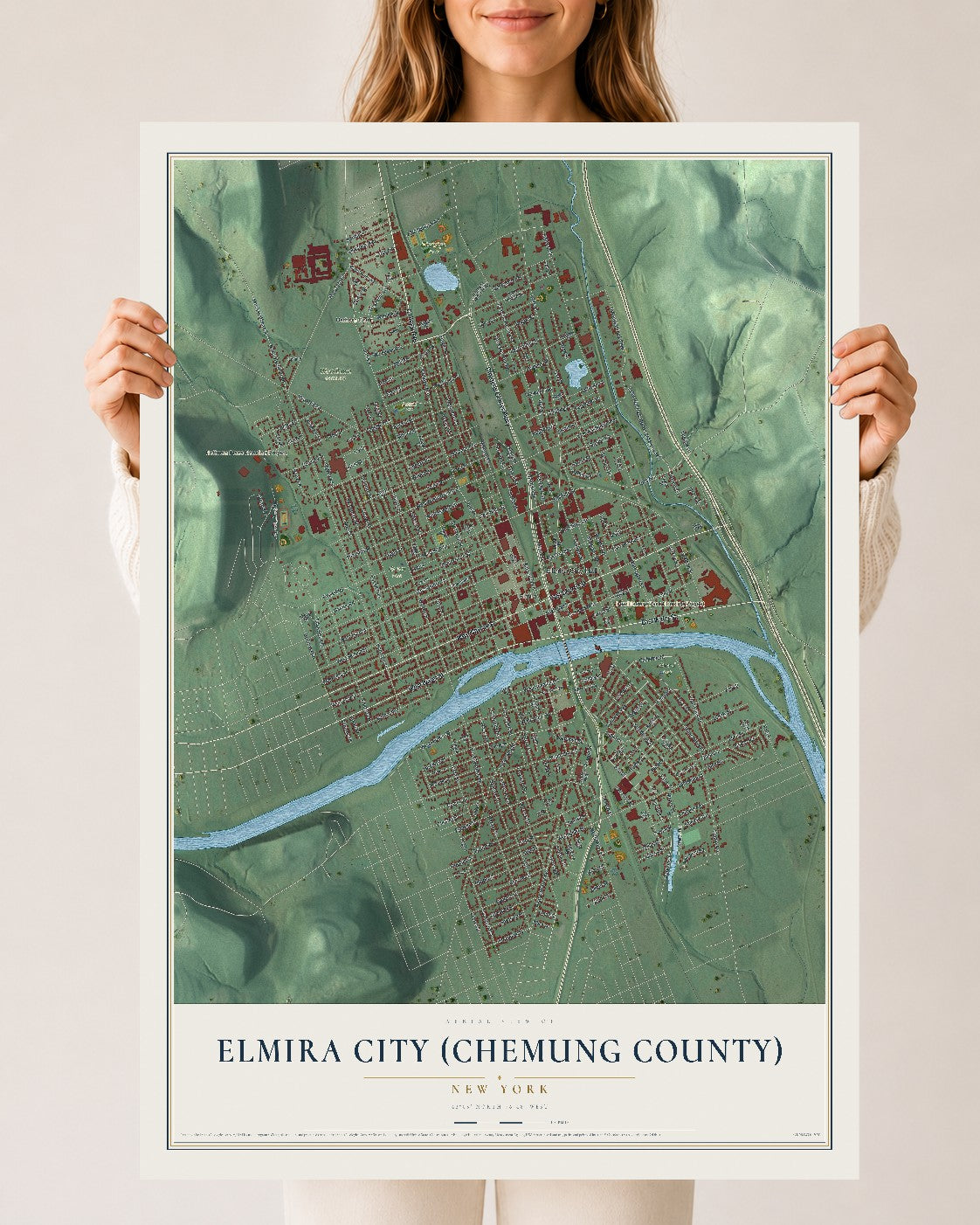 Elmira City (Chemung County), New York map print, 24" x 36" Archival Matte Print mockup
