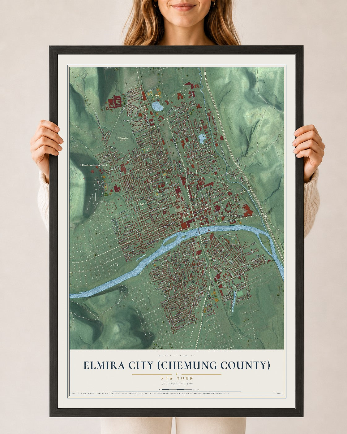 Elmira City (Chemung County), New York map print, 24" x 36" W/ Black Ayous Wood Frame mockup