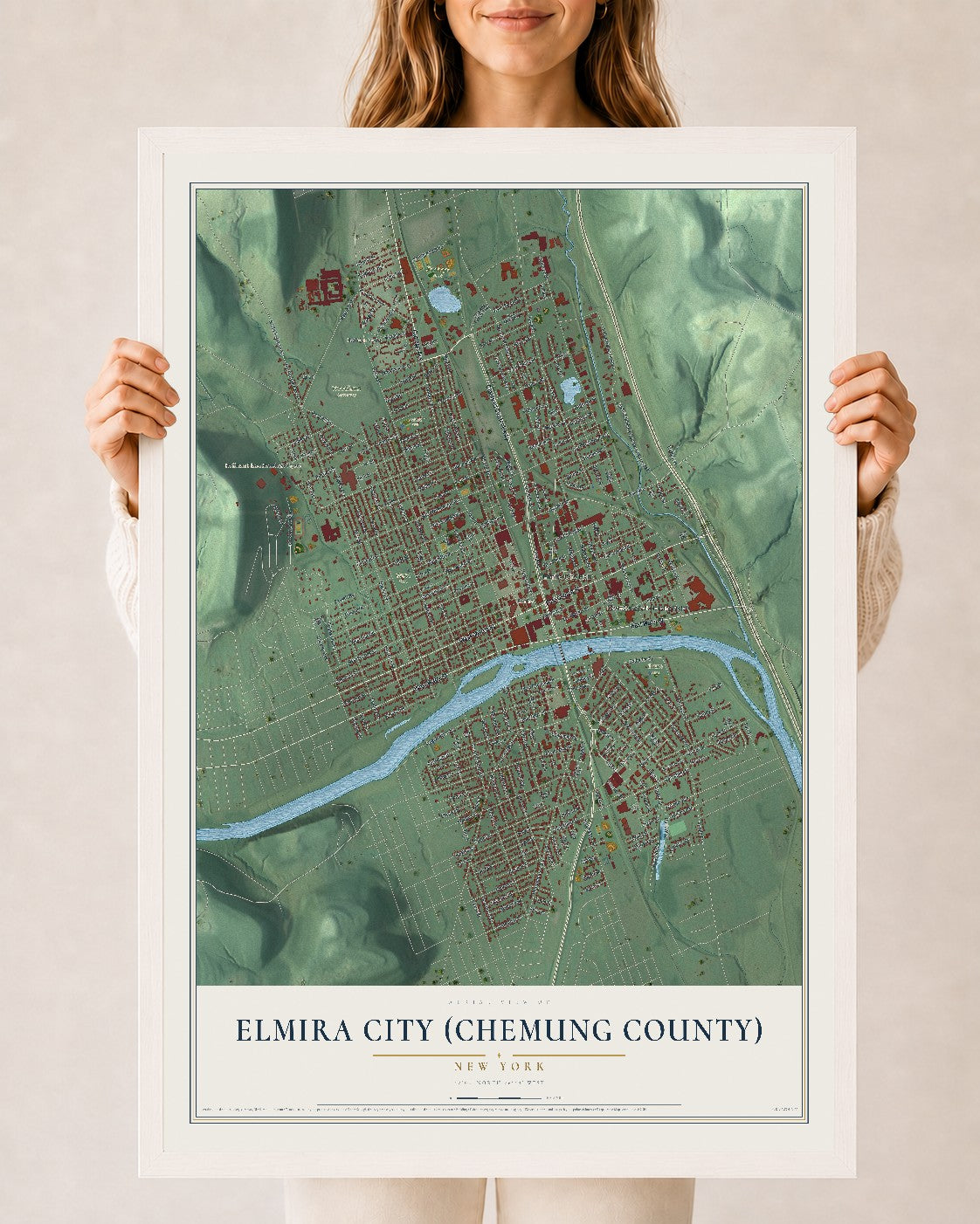 Elmira City (Chemung County), New York map print, 24" x 36" W/ White Ayous Wood Frame mockup