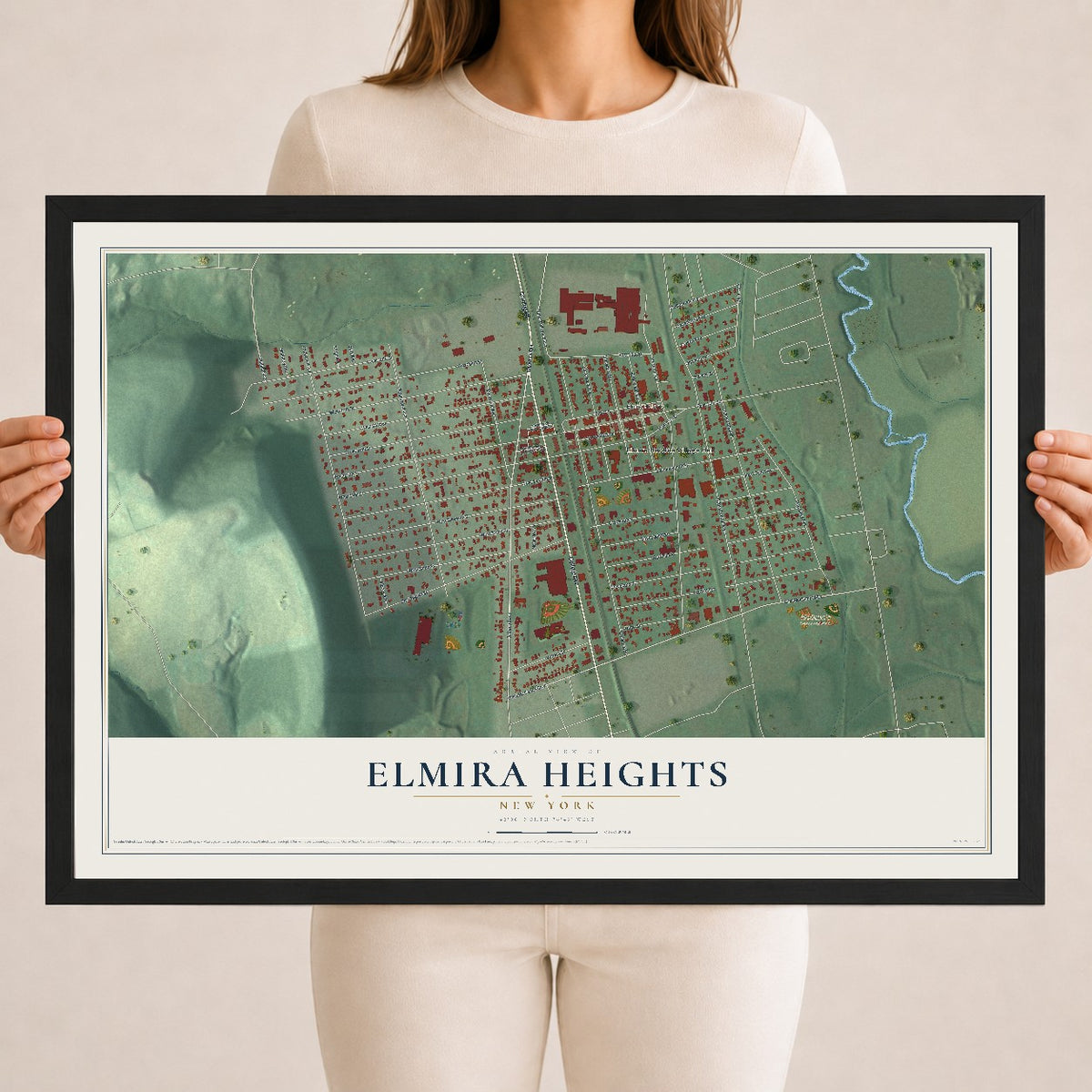Elmira Heights, New York map print, 18" x 24" W/ Black Ayous Wood Frame mockup