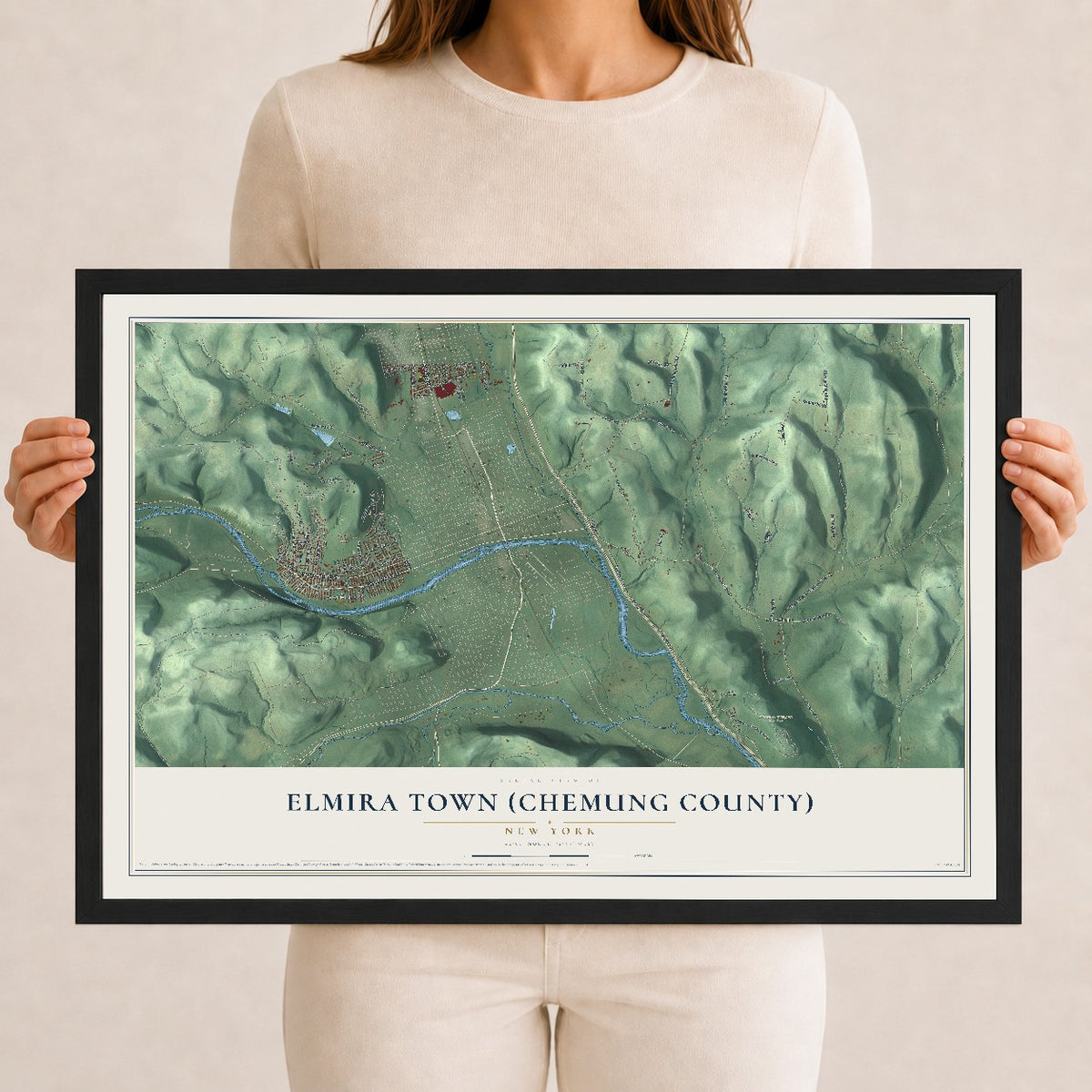 Elmira Town (Chemung County), New York map print, 12" x 18" W/ Black Ayous Wood Frame mockup