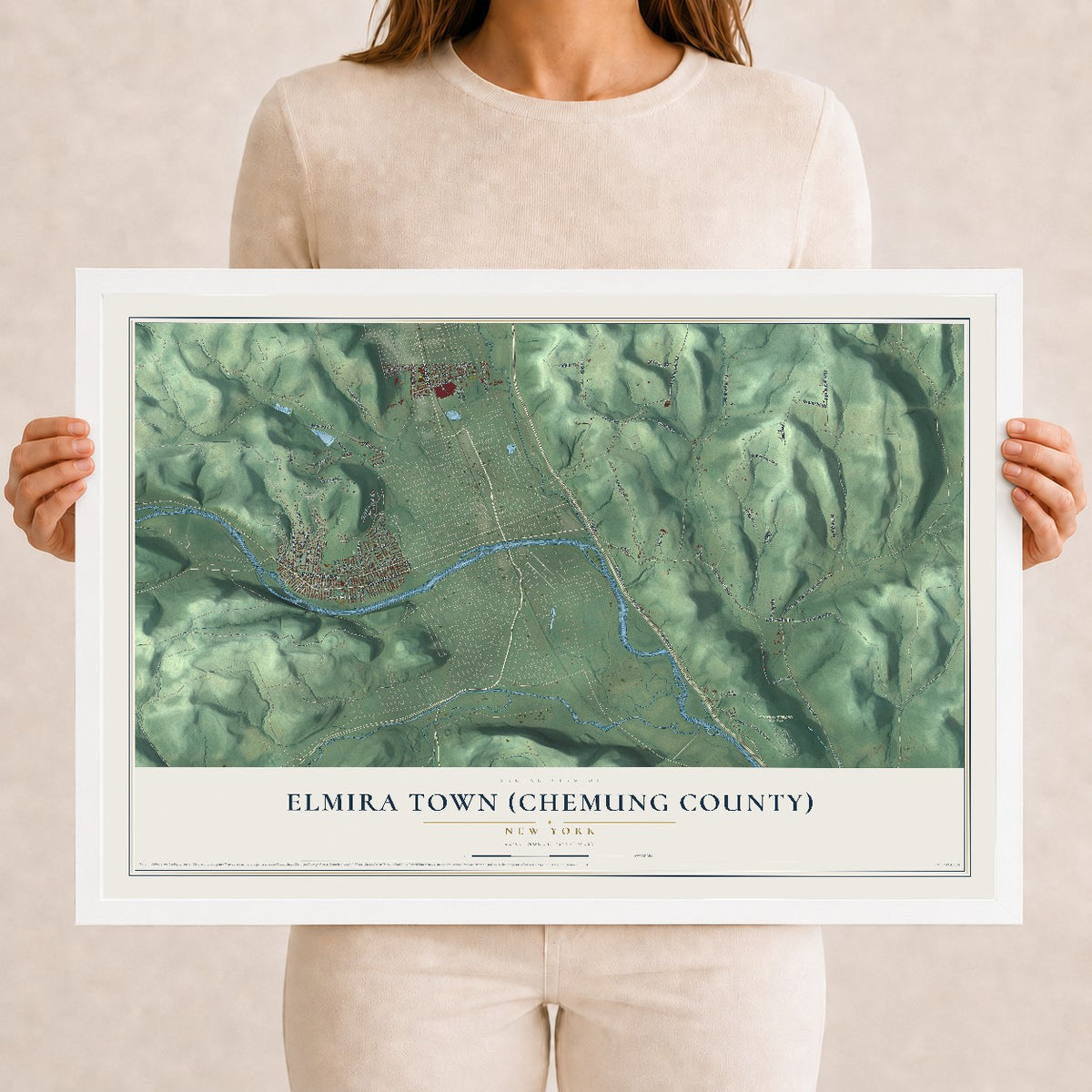 Elmira Town (Chemung County), New York map print, 12" x 18" W/ White Ayous Wood Frame mockup