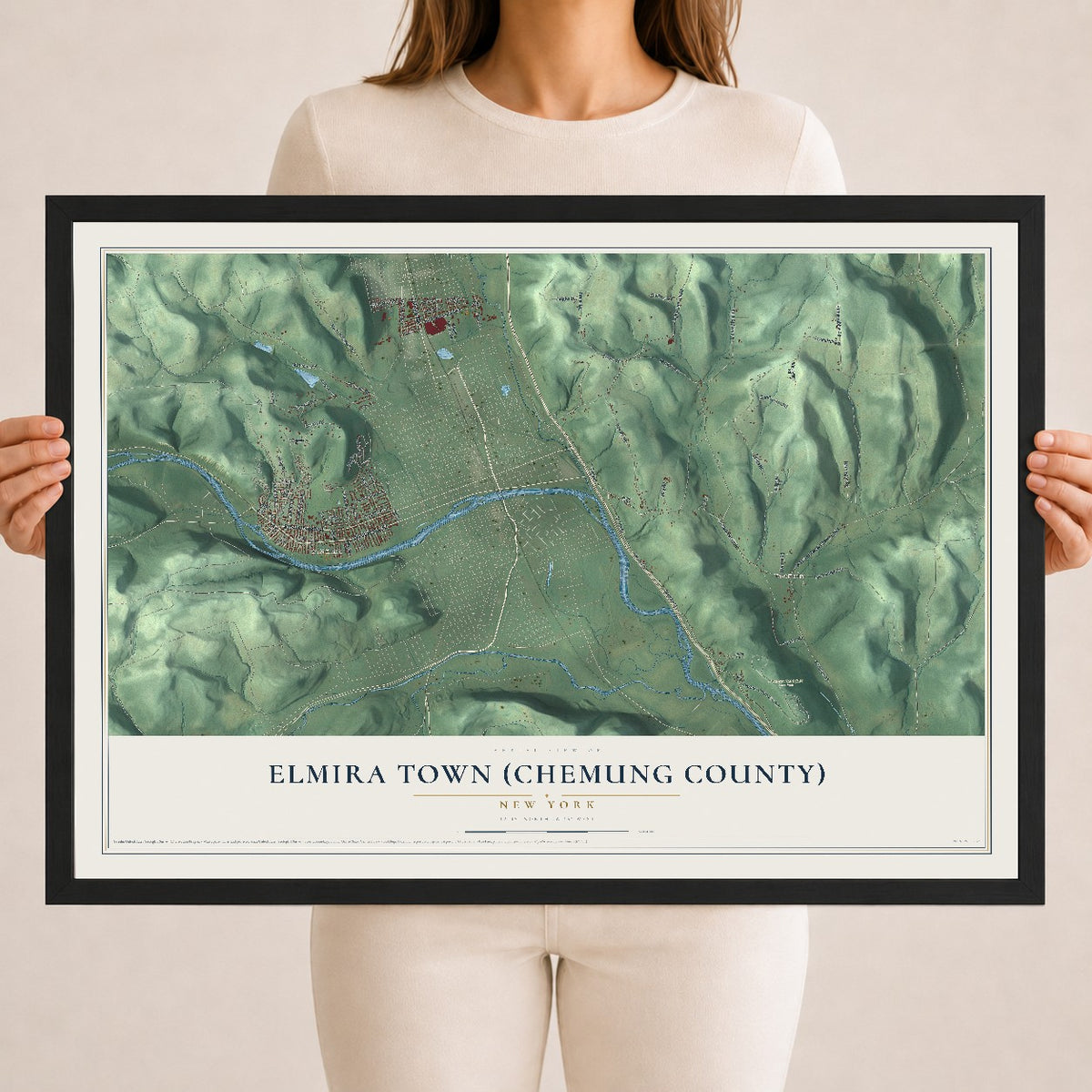 Elmira Town (Chemung County), New York map print, 18" x 24" W/ Black Ayous Wood Frame mockup
