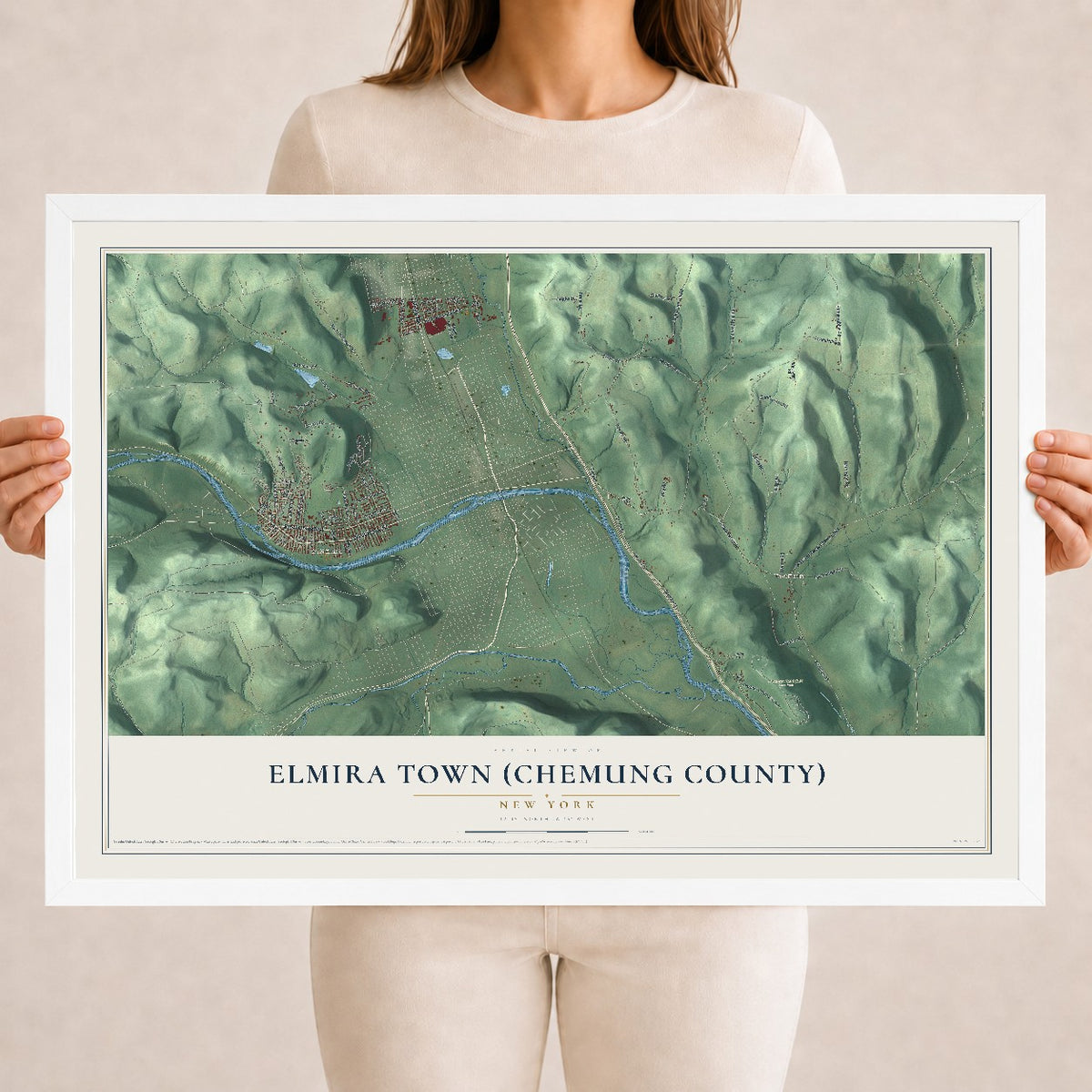 Elmira Town (Chemung County), New York map print, 18" x 24" W/ White Ayous Wood Frame mockup