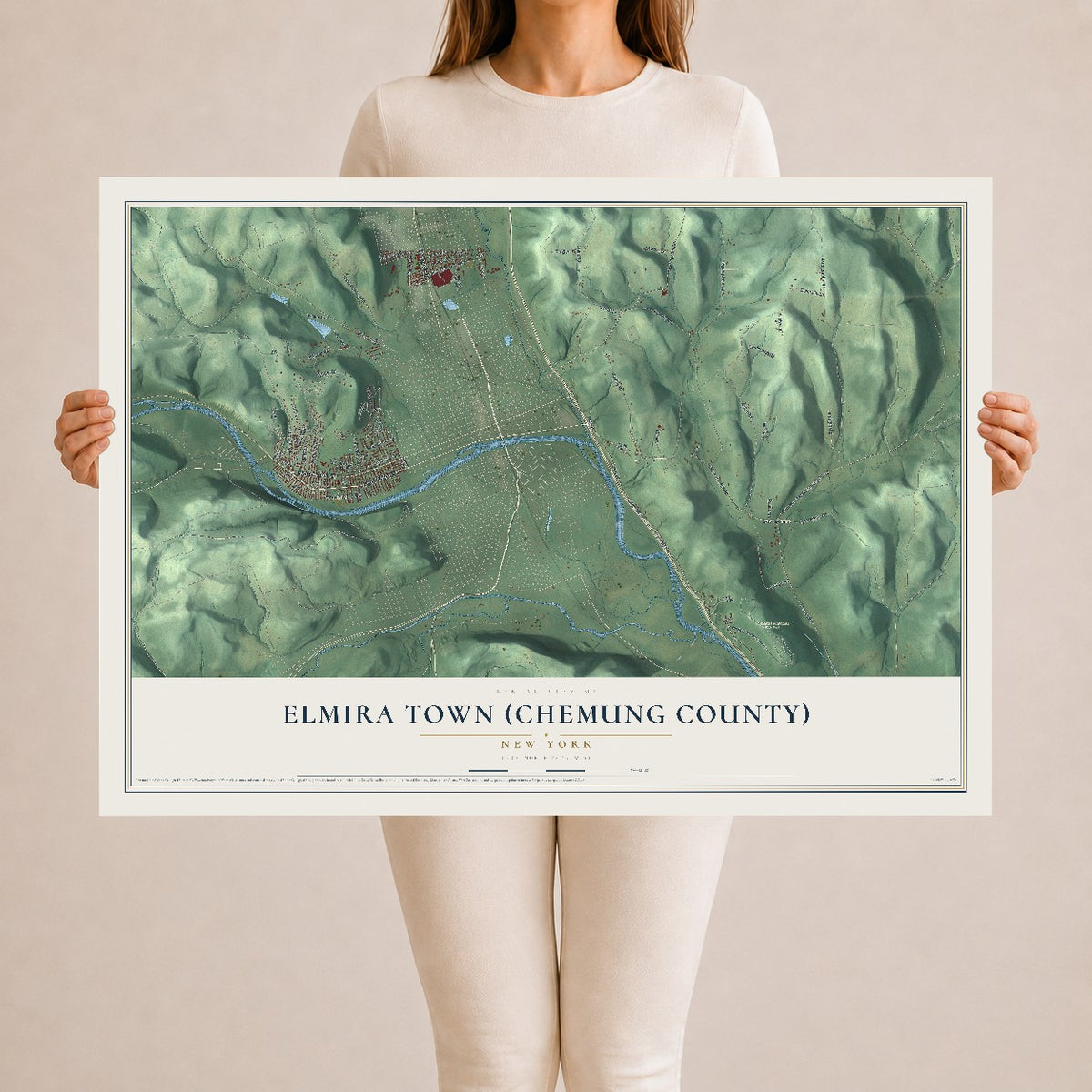 Elmira Town (Chemung County), New York map print, 24" x 36" Archival Matte Print mockup