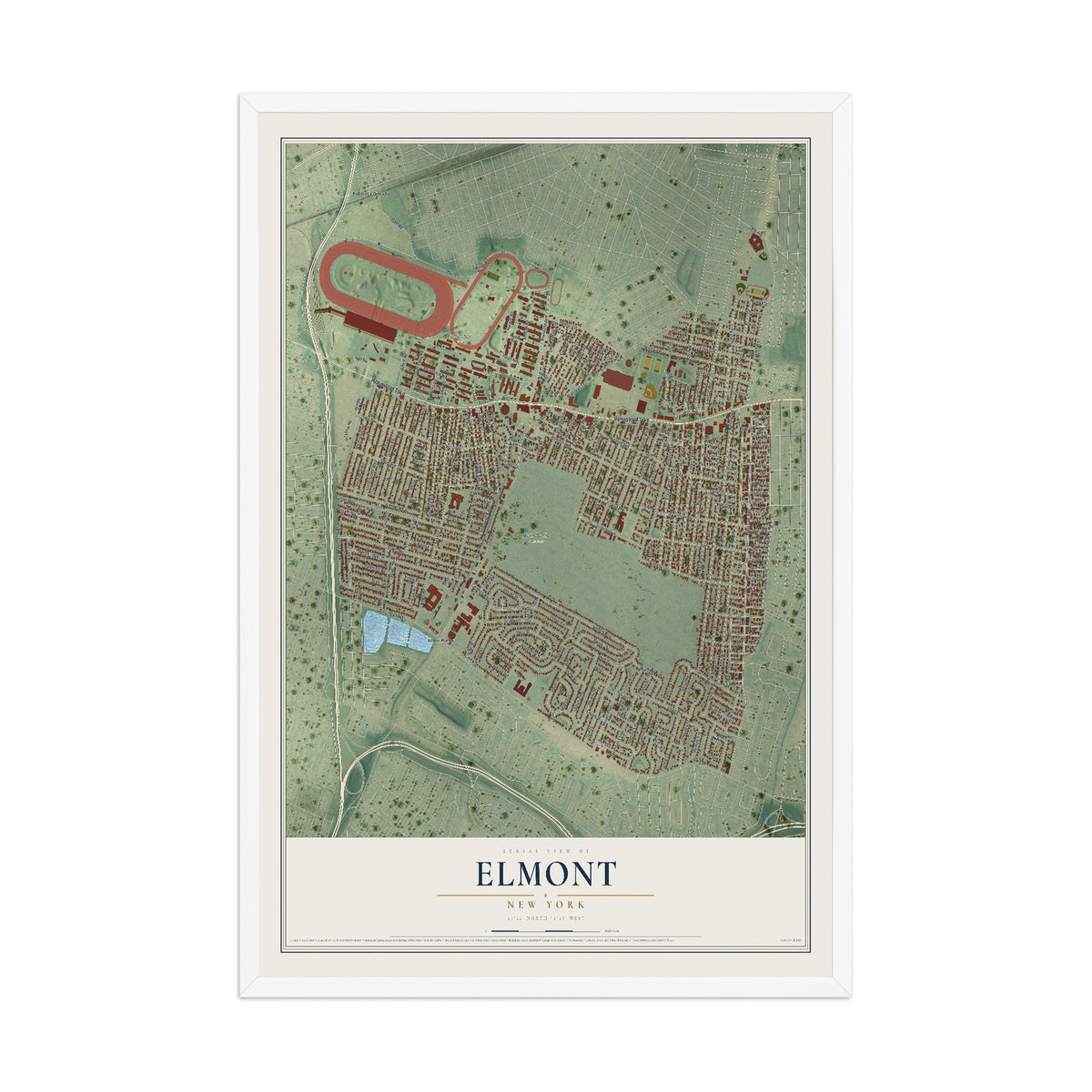 Elmont, New York map print, 12" x 18" W/ White Ayous Wood Frame mockup