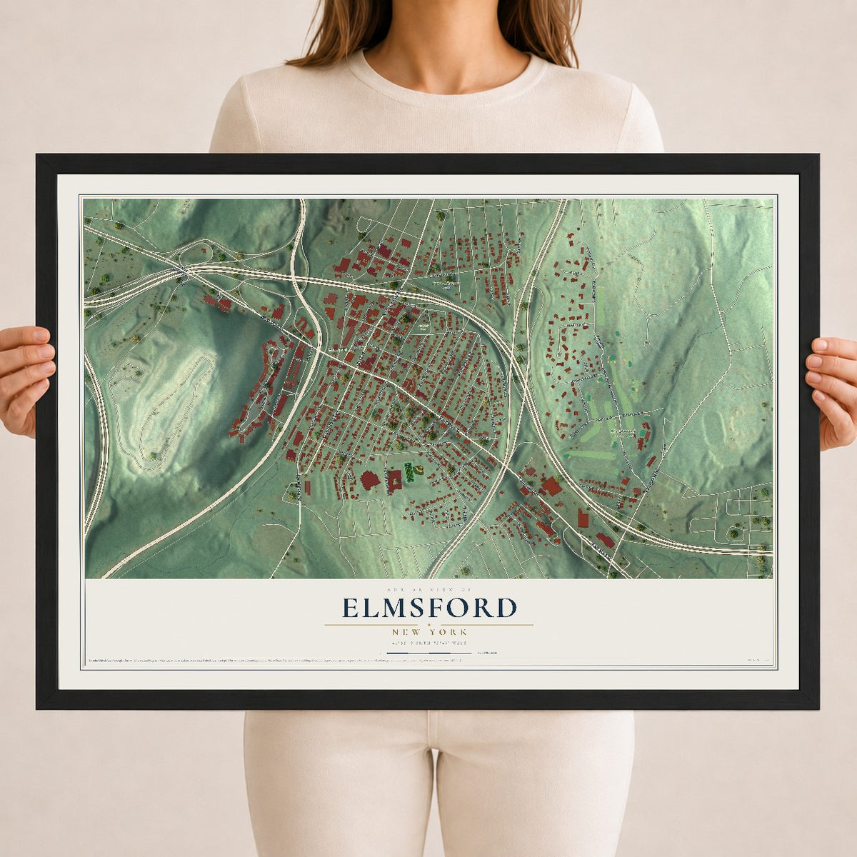 Elmsford, New York map print, 18" x 24" W/ Black Ayous Wood Frame mockup
