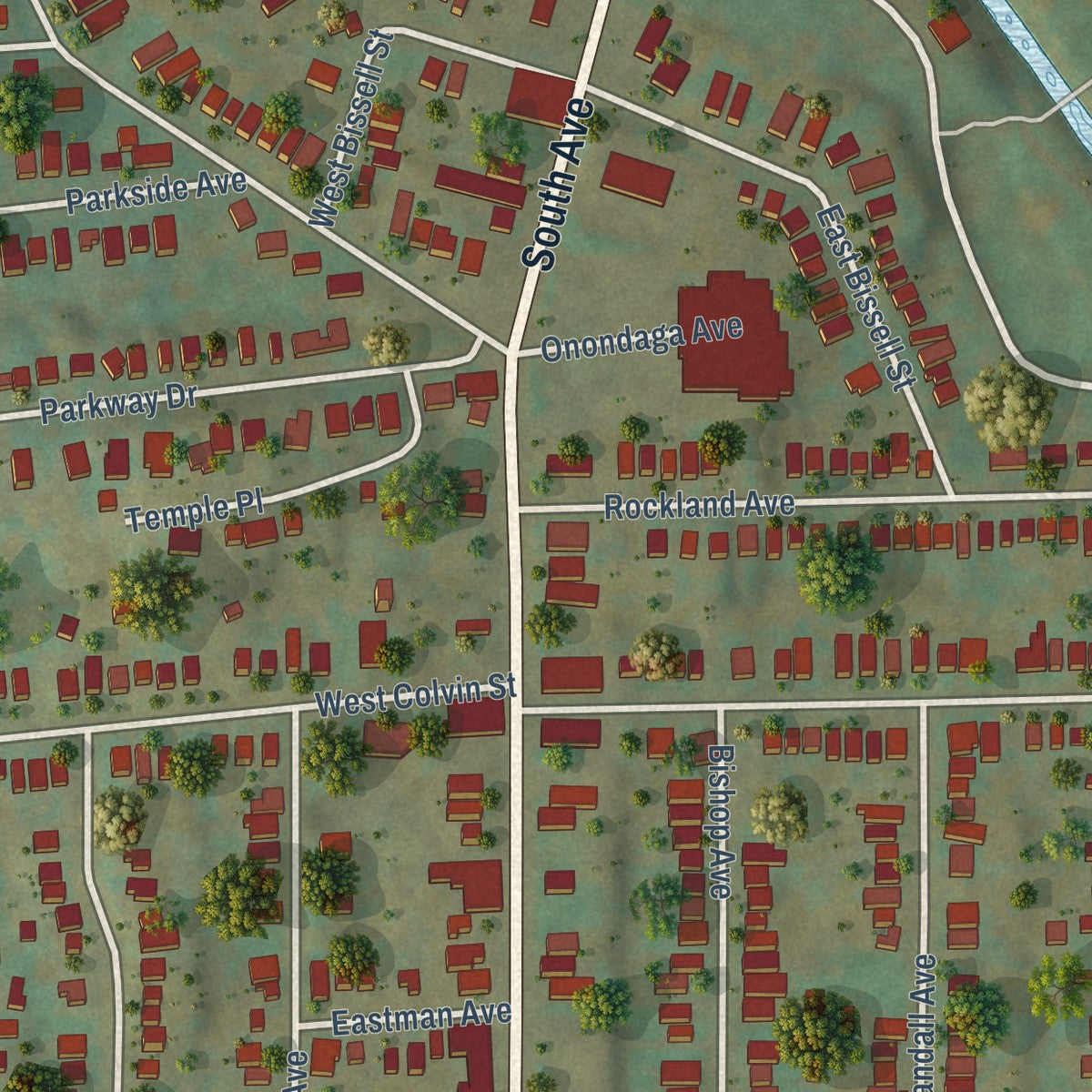 Close-up of the map of Elmwood, New York print showing street and building detail
