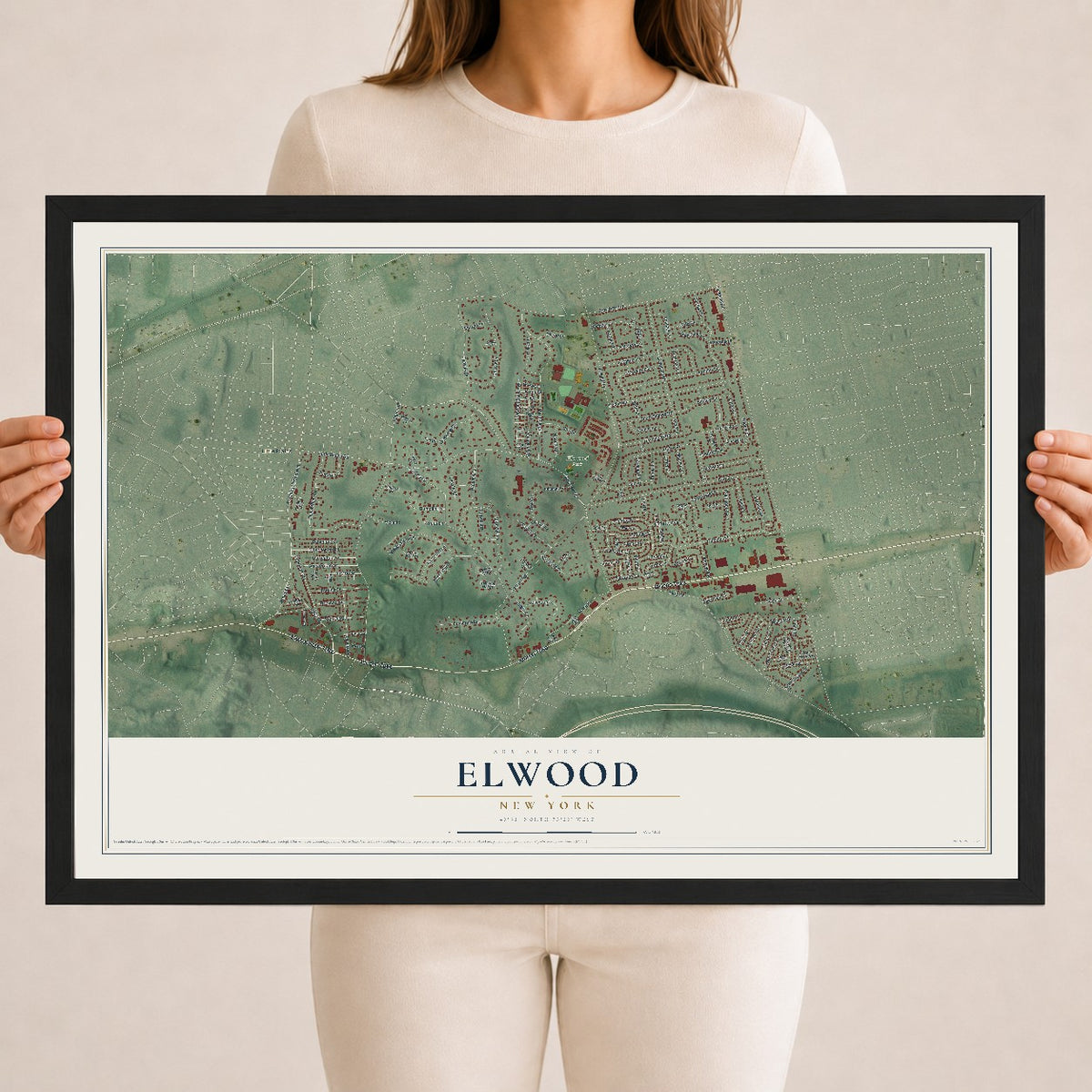 Elwood, New York map print, 18" x 24" W/ Black Ayous Wood Frame mockup