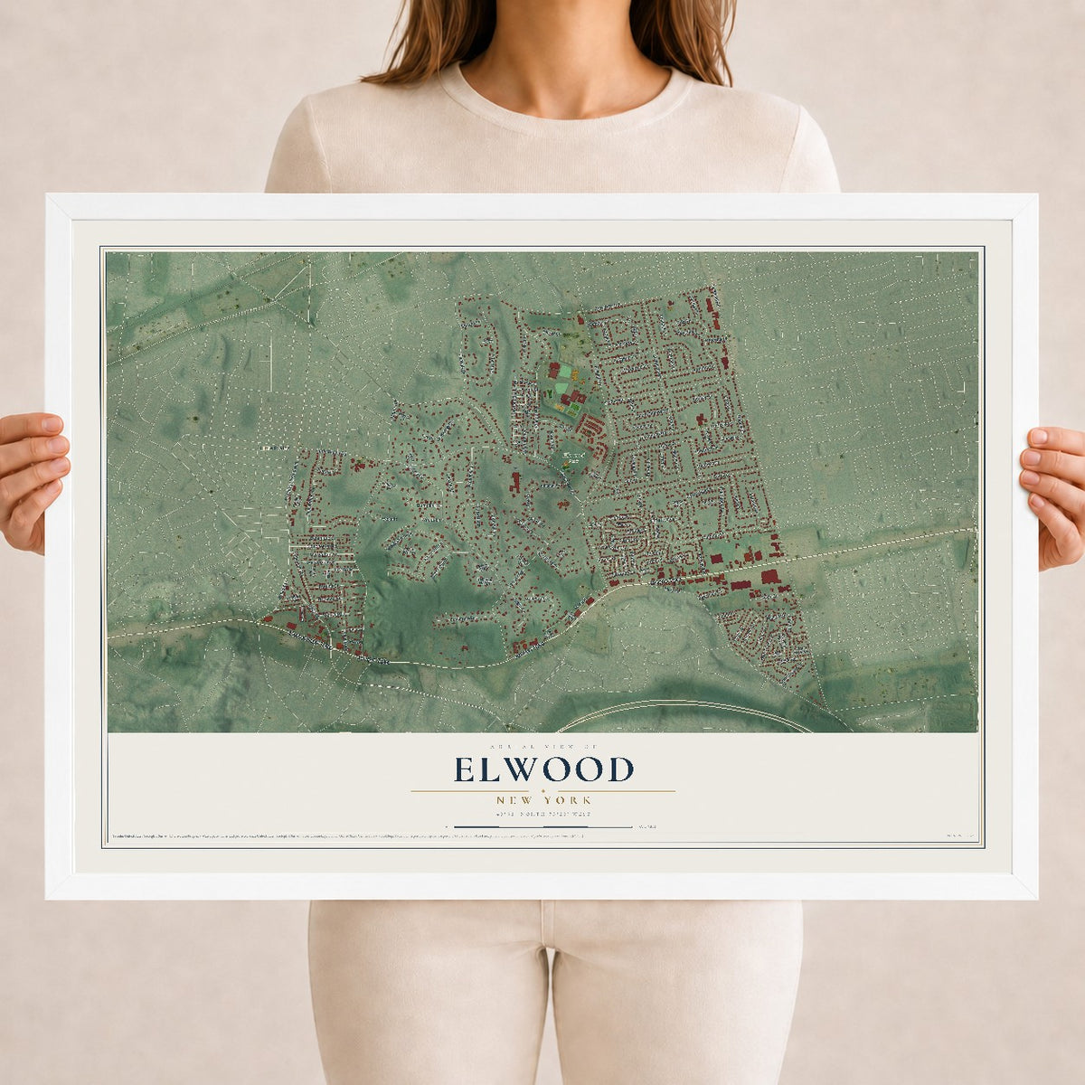 Elwood, New York map print, 18" x 24" W/ White Ayous Wood Frame mockup