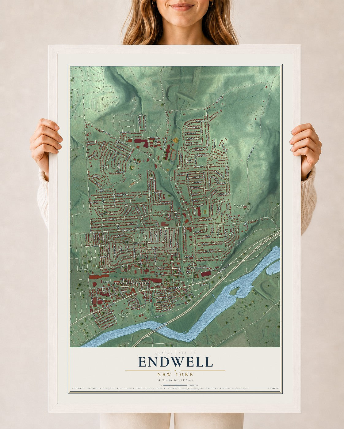 Endwell, New York map print, 24" x 36" W/ White Ayous Wood Frame mockup