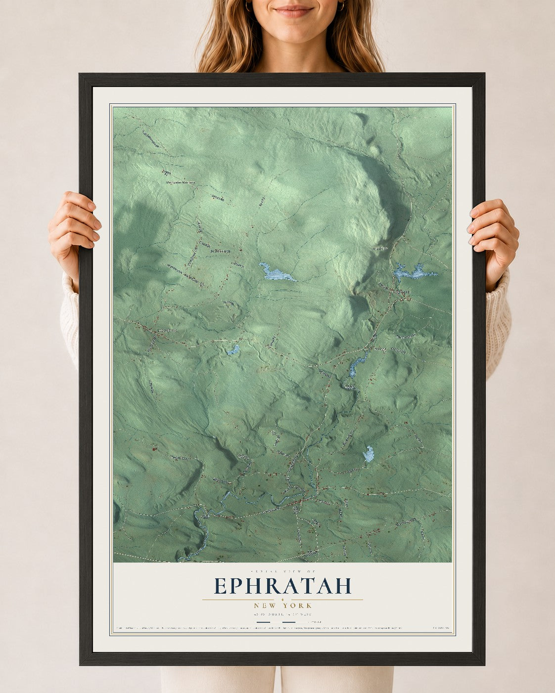 Ephratah, New York map print, 24" x 36" W/ Black Ayous Wood Frame mockup