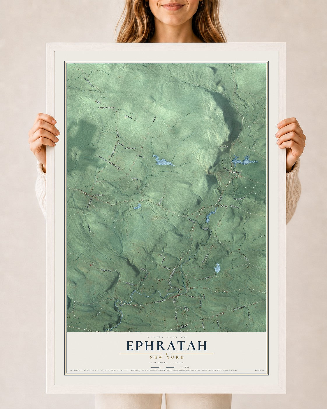 Ephratah, New York map print, 24" x 36" W/ White Ayous Wood Frame mockup