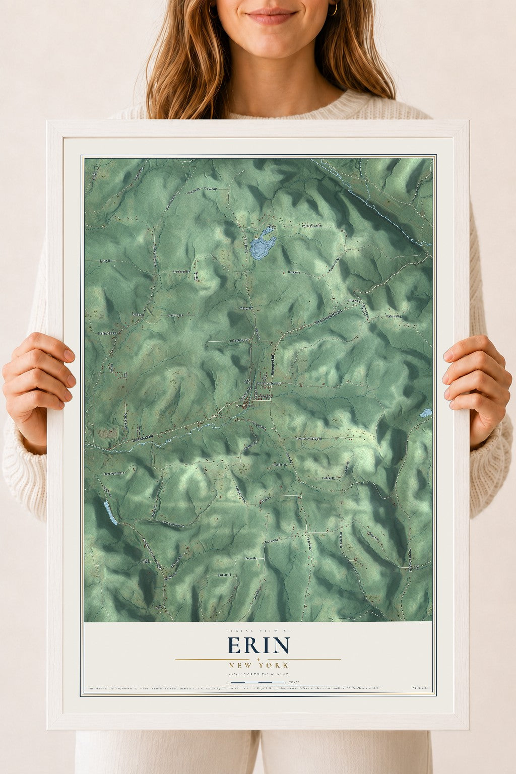 Erin, New York map print, 18" x 24" W/ White Ayous Wood Frame mockup