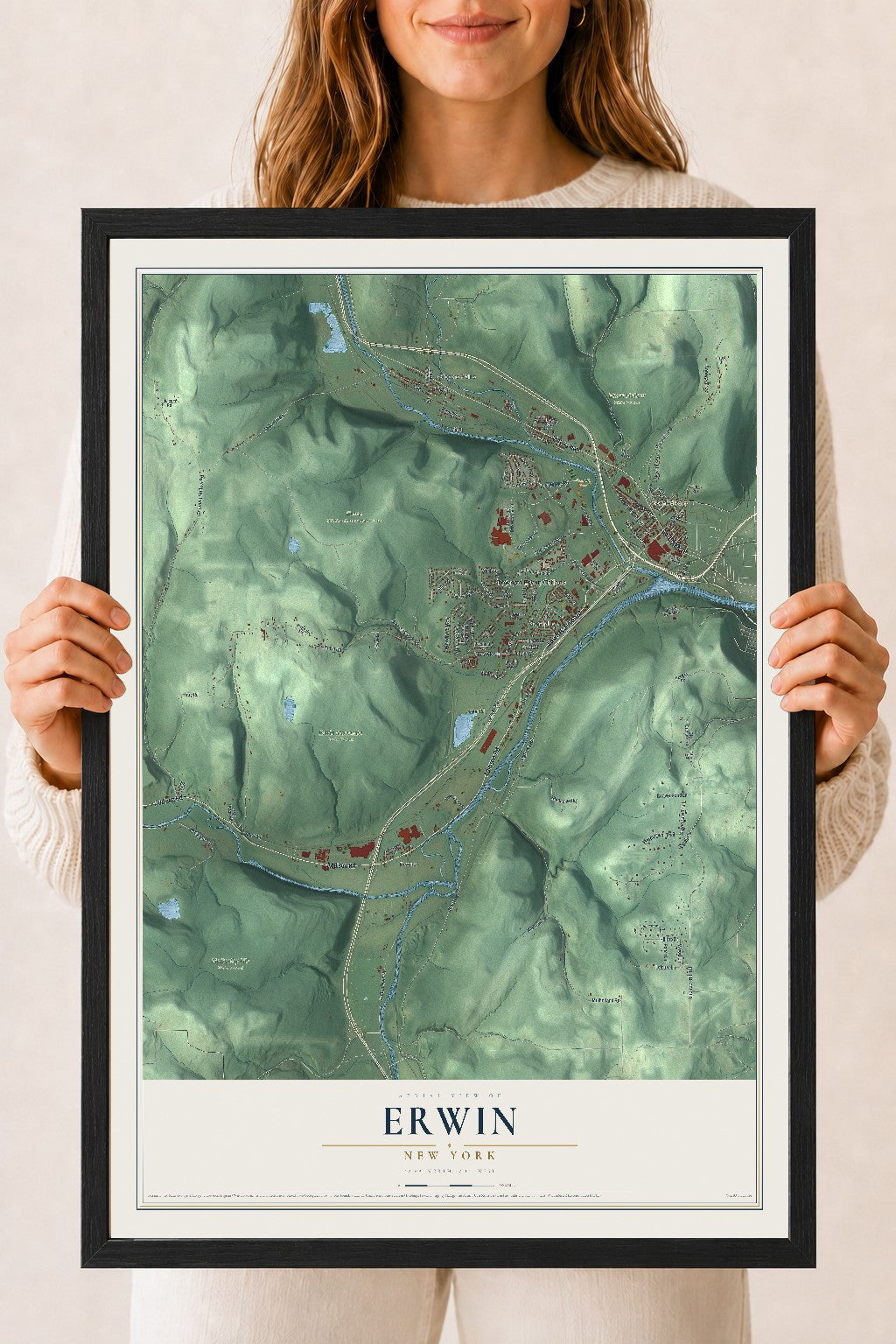 Erwin, New York map print, 18" x 24" W/ Black Ayous Wood Frame mockup