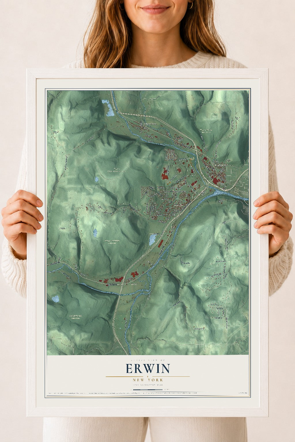 Erwin, New York map print, 18" x 24" W/ White Ayous Wood Frame mockup