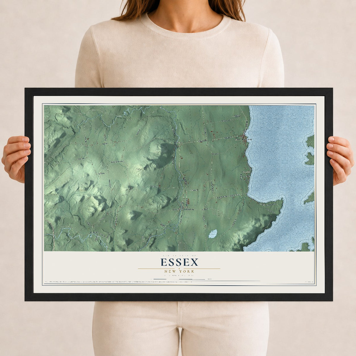 Essex, New York map print, 12" x 18" W/ Black Ayous Wood Frame mockup