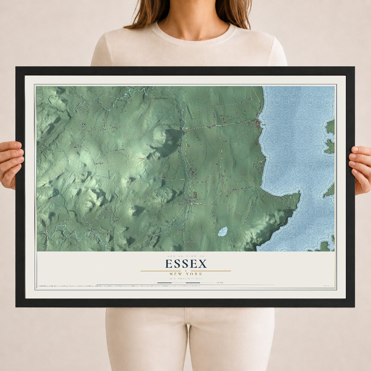 Essex, New York map print, 18" x 24" W/ Black Ayous Wood Frame mockup