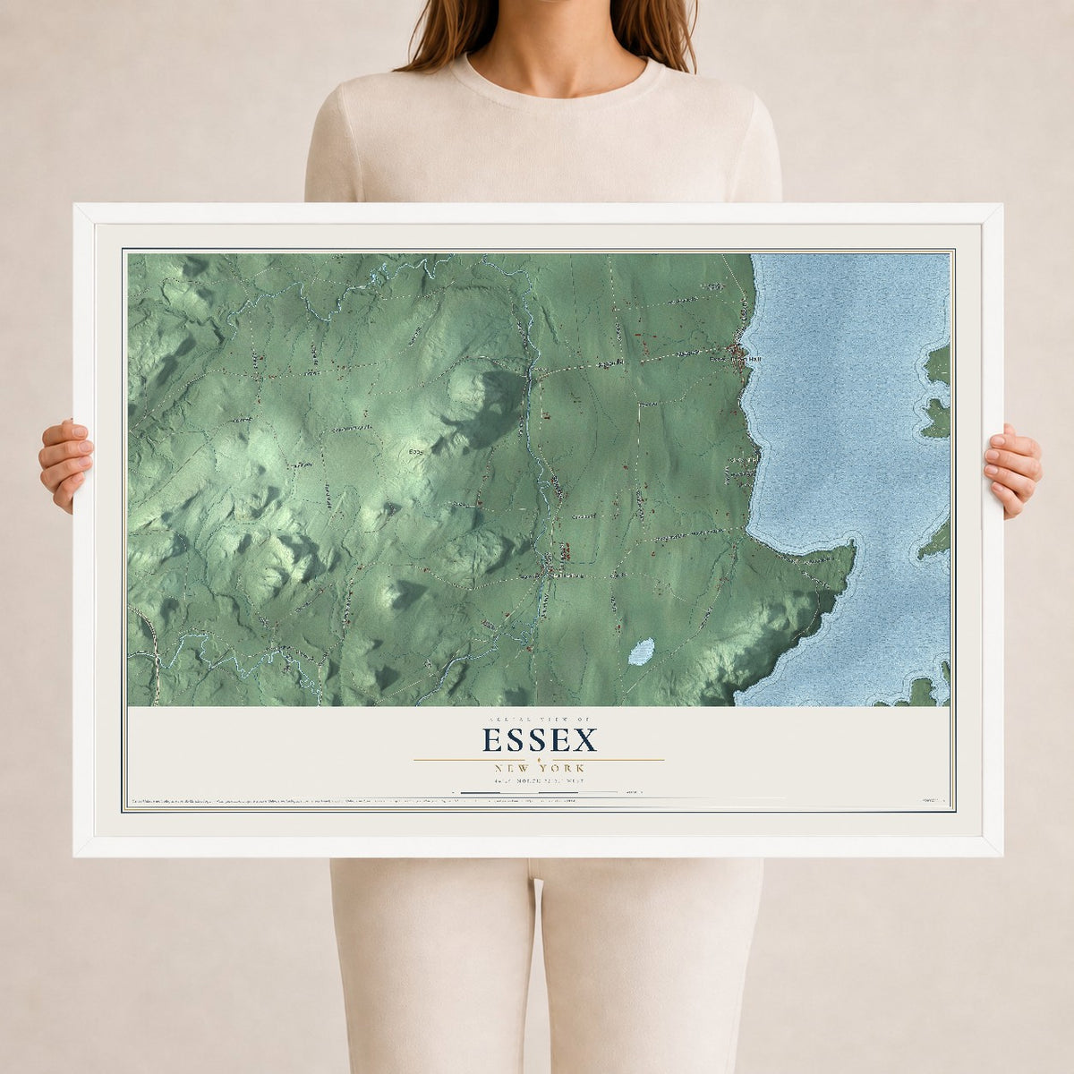 Essex, New York map print, 24" x 36" W/ White Ayous Wood Frame mockup